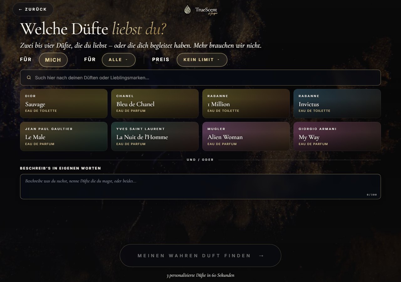TrueScent-Auswahl mit Duftsuche, Preiswahl und Eingabe eigener Wünsche