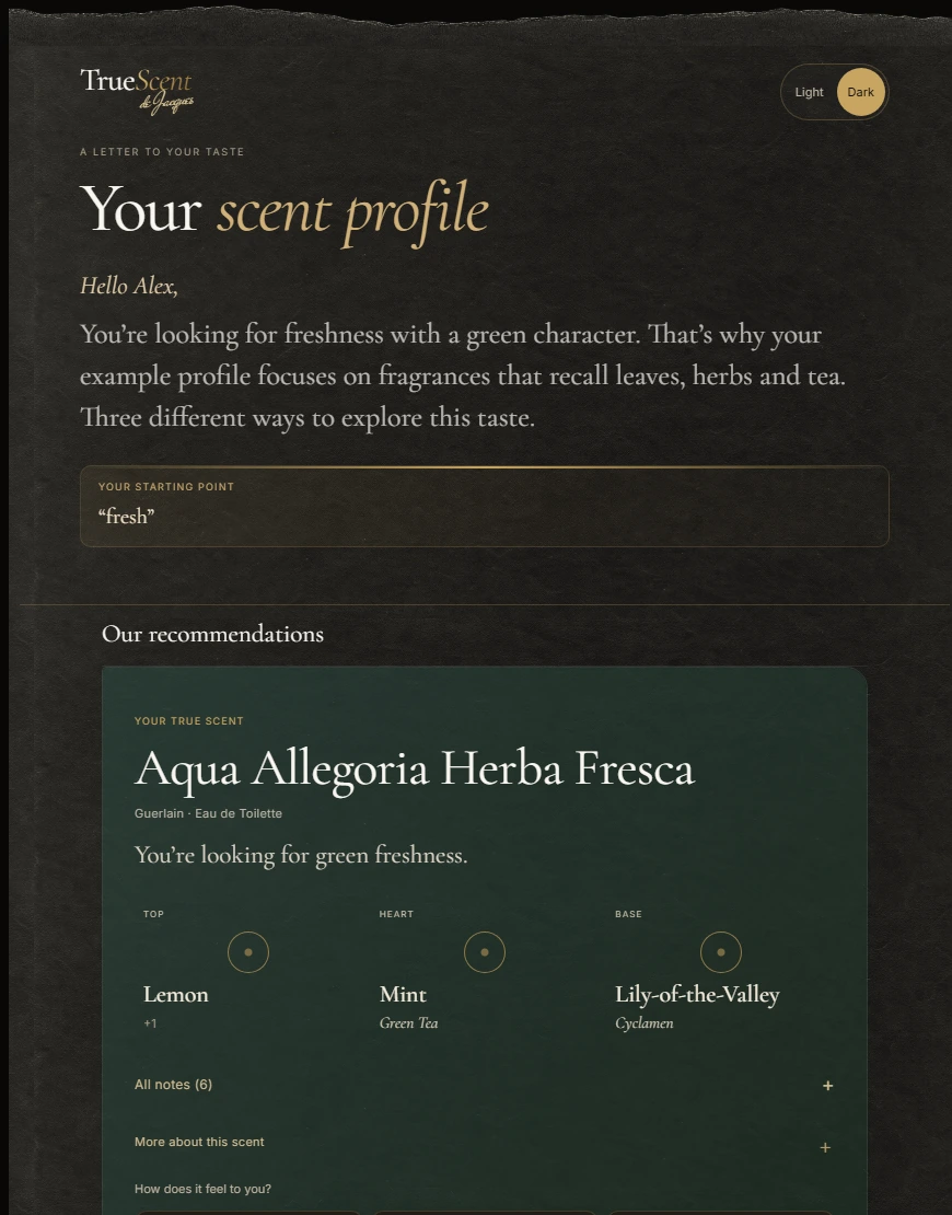 Excerpt from the dark scent profile, translated from German: paper texture, personal letter to Alex and the start of his recommendations