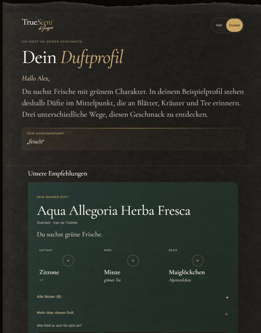 Ausschnitt des dunklen Duftprofils: Papierstruktur, persönlicher Brief an Alex und Beginn seiner Empfehlungen